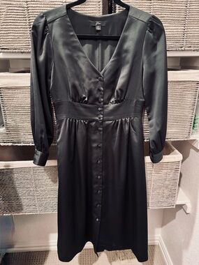 J. Crew Black Satin Long-Sleeve Button-Front Midi Dress